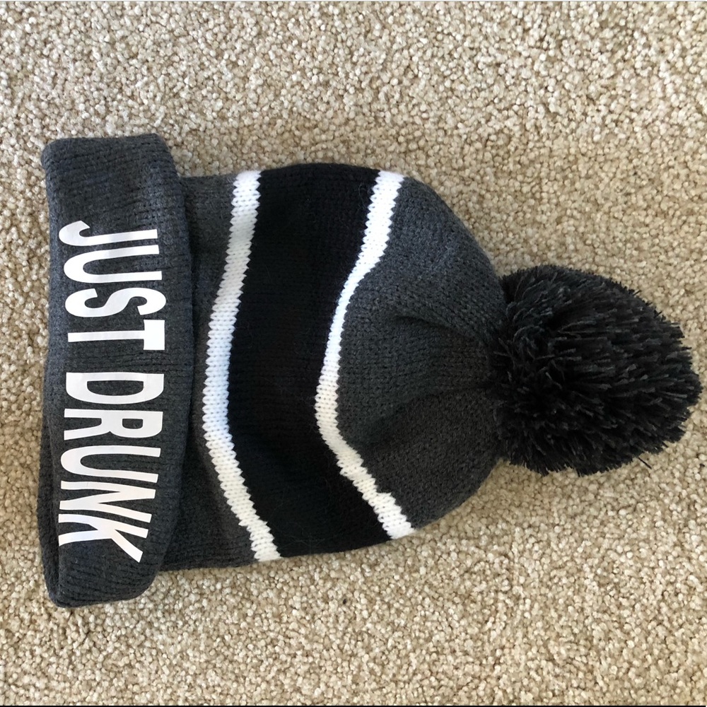 "Just Drunk" Novelty Pom Beanie Black Gray Striped Winter Ski Hat OS